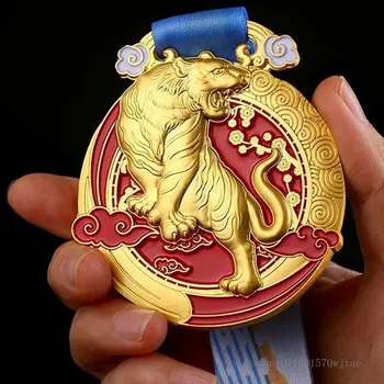 1 шт. индивидуальная металлическая медаль с тигром, висящая на шее, спортивные игры, сувенир, украшение для дома, золотая, серебряная и бронзовая медаль