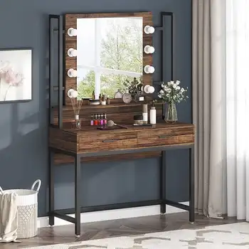 Туалетный столик для макияжа с зеркалом, 8 светильниками и 2 выдвижными ящиками - 35,43 дюйма (Ш) * 15,74 дюйма (Г) * 61,61 дюйма (В)