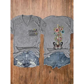Женские хлопковые футболки с бабочкой и цветочным принтом Rheaclots Grow Through It, женские футболки с графическим рисунком, топы