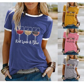 Женские топы большого размера с круглым вырезом на День независимости, женская футболка с короткими рукавами и буквенным принтом красного вина синего цвета