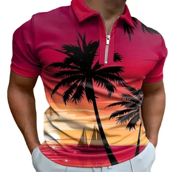 Мужская рубашка поло нового стиля, Летние футболки с 3D-принтом Coconut с коротким рукавом, Топы унисекс, молния с лацканами, Модная мужская одежда оверсайз