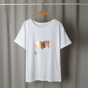 Лимитированный ассортимент женских хлопковых футболок с буквенным бронзовым принтом и круглым вырезом, топ-тройники