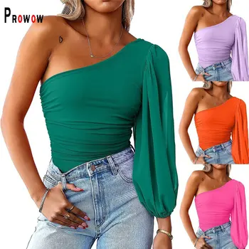 Prowow, Сексуальные женские рубашки на одно плечо, сетчатые топы с пышными рукавами и застежкой-молнией, облегающие топы, одежда 2023 года, новый дизайн, однотонные женские наряды