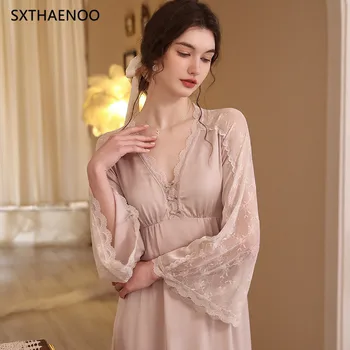 SXTHAENOO 2023 Принцесса, Сетчатая кружевная прозрачная ночная рубашка с V-образным вырезом и длинными рукавами, перспективная ночная рубашка на шнуровке пижама женская
