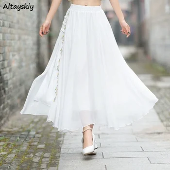 Женские белые юбки с цветочной вышивкой, сказочный дизайн, Эластичный пояс, Стройная девушка, Элегантная юбка миди из шифона в стиле ретро, Нежная, милая мода