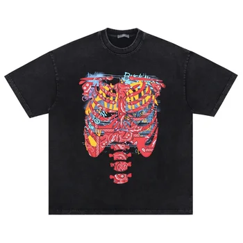 Высококачественная винтажная уличная одежда бренда Fshion с принтом пламени, летние футболки оверсайз, мужская футболка из плотного материала