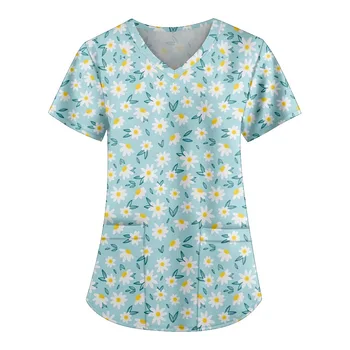 Летняя униформа медсестры, женские топы с коротким рукавом и V-образным вырезом, Рабочая униформа, блузка с карманом, Синяя униформа медсестры с цветочным принтом
