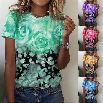 2023 Летняя Женская футболка с 3D принтом Розы, Пуловер с круглым вырезом и цветочной тематикой, Базовый топ, Повседневная Новая Женская футболка
