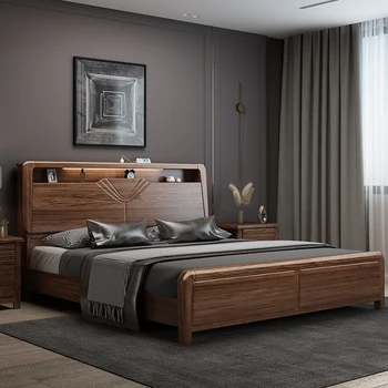 Простая мебель для кровати из массива грецкого ореха в китайском стиле длиной 1,8 м, окрашенная под давлением воздуха, высокая кровать для хранения ящиков