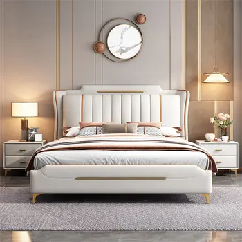 Итальянский светильник, роскошные кожаные каркасы для мебели для спальни, современная минималистичная двуспальная кровать 1,8 м, дизайнерская кровать для главной спальни