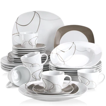 VEWEET NIKITA Фарфорово-керамический набор кухонных обеденных тарелок из 30 предметов с десертными тарелками/суповыми тарелками/Обеденными тарелками/Чашками/блюдцами