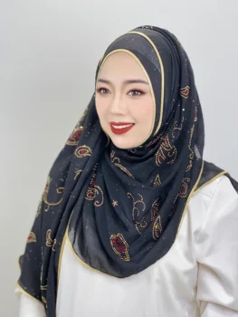 Красивый тюрбан с двумя узорами, черный со сверлом, мусульманский Тюрбан для взрослых, Турецкий хлопчатобумажный шарф, исламская шаль, хиджабы для женщин