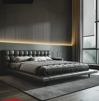 Итальянская минималистичная кожаная кровать Современная и простая двуспальная кровать 1,8 м, дизайнерская главная кровать, двуспальная кровать, свадебная кровать с татами