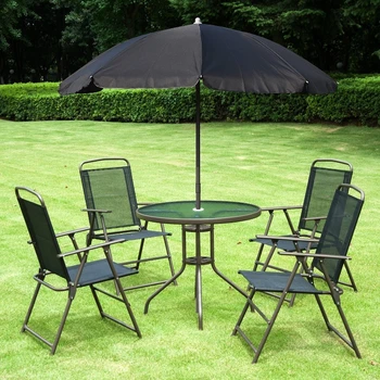 Обеденный набор для патио из 6 предметов на 4 персоны с зонтиком, 4 складными обеденными стульями и круглым стеклянным столом для сада, заднего двора и бассейна, черный